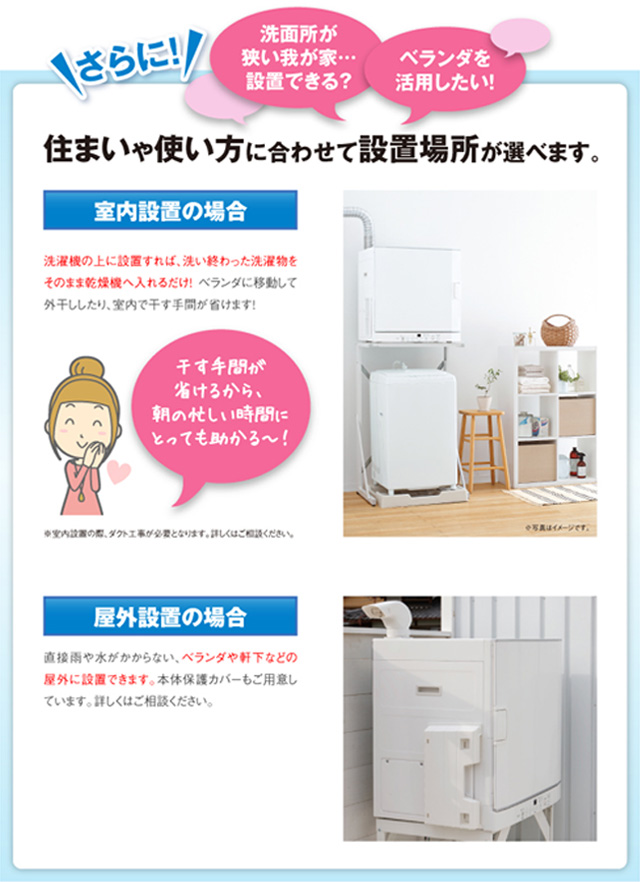 住まいや使い方に合わせて設置場所が選べます。